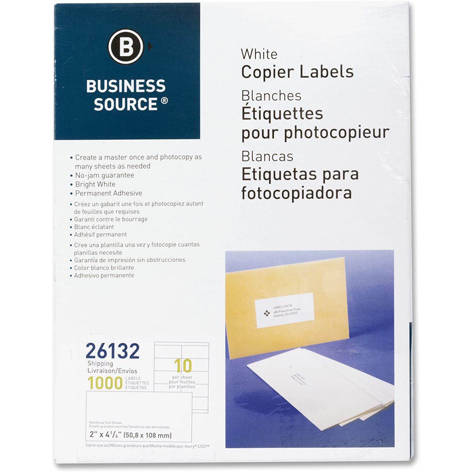 Business Source White Copier Mailing Labels (2" x 4 1/4") (1000 Labels / 100 Sheets) - Image 1